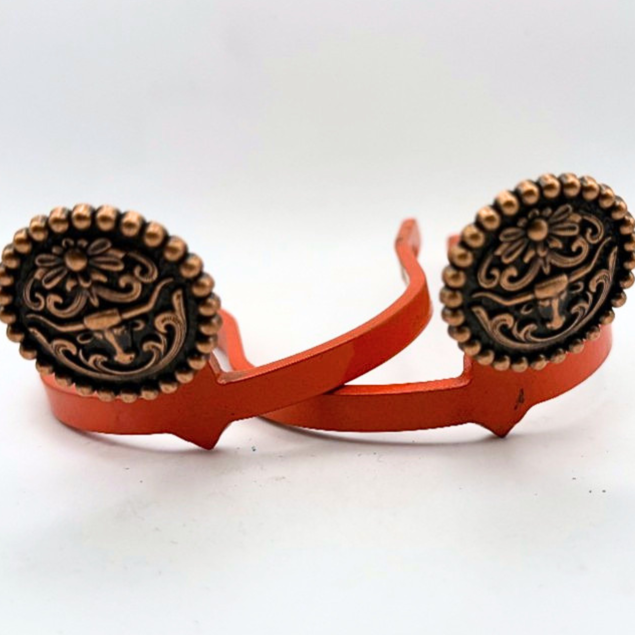Handcrafted Antique Copper Longhorn Cowgirl Cuff featuring a longhorn design, western scrollwork, berry-edge detailing, and ranch-inspired western styling.