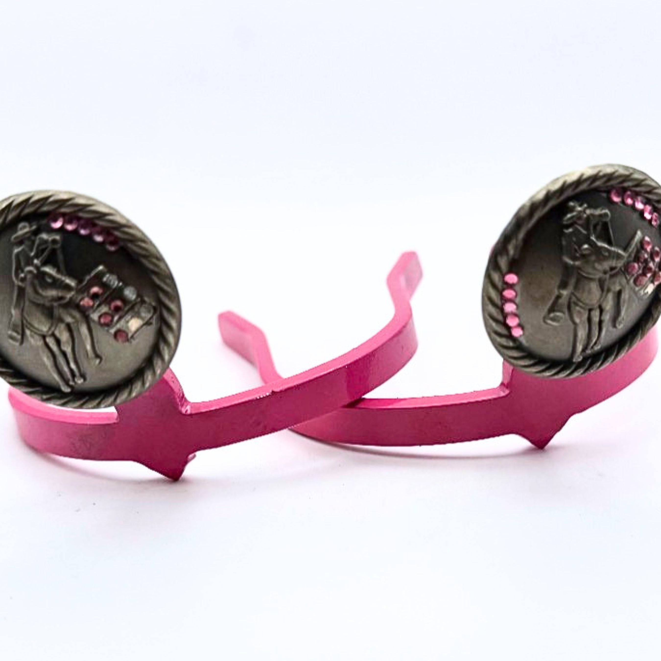 Handcrafted Barrel Racer Cowgirl Cuff featuring a detailed barrel racing horse and rider design with pink rhinestone accents on a western boot accessory.