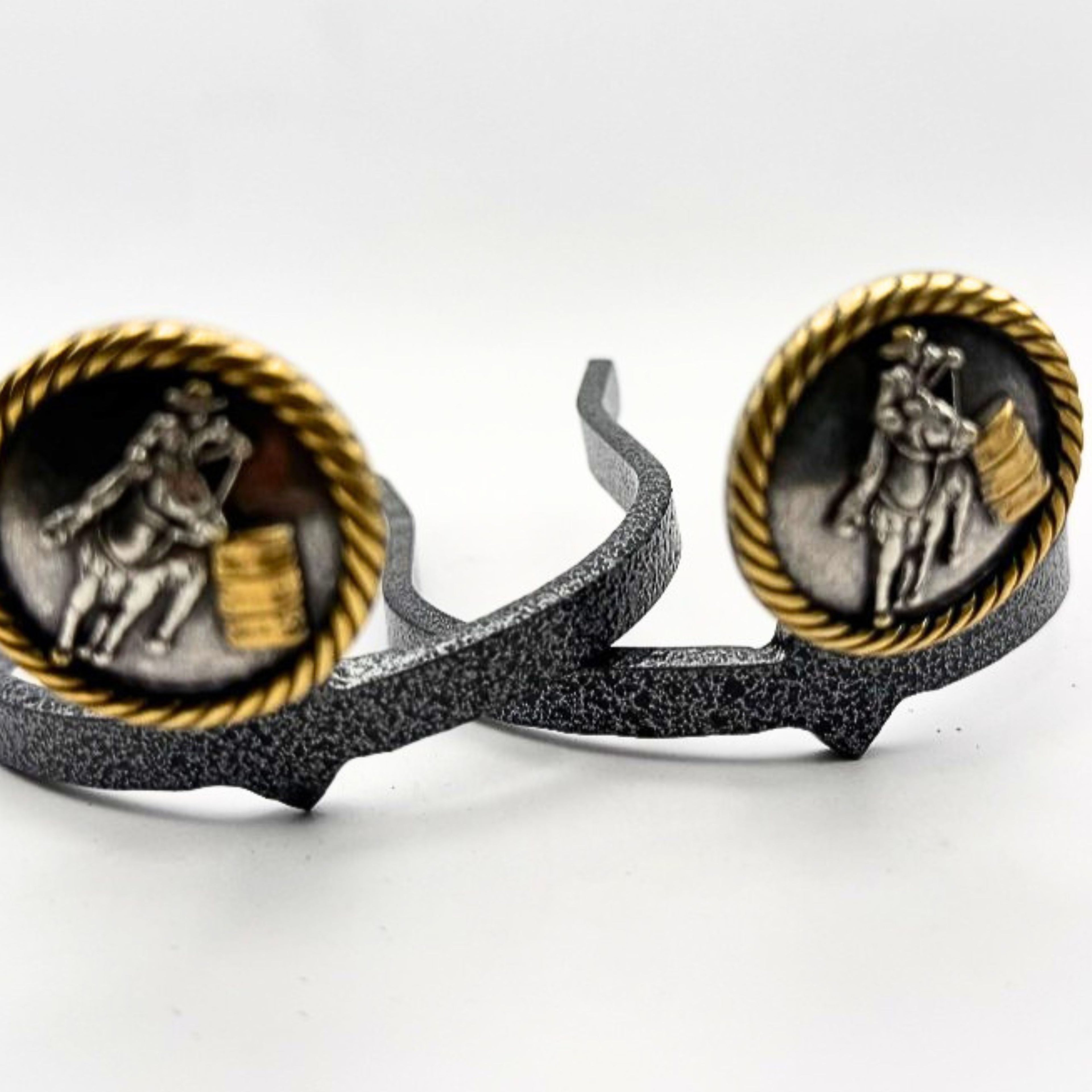 Barrel Racing Cowgirl Cuff featuring a rodeo horse and rider design with rope-edge detailing. Handcrafted western boot accessory designed to keep jean hems off the ground.