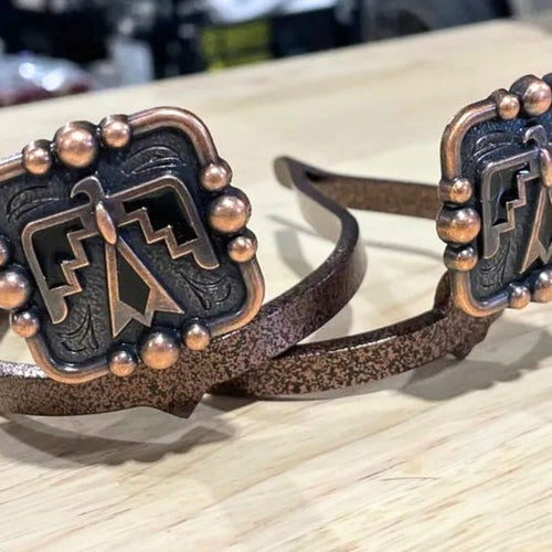 Handcrafted Black Thunderbird Cowgirl Cuff featuring a Southwestern thunderbird design, antique copper bead accents, and western styling for cowboy boots and jean hem protection.
