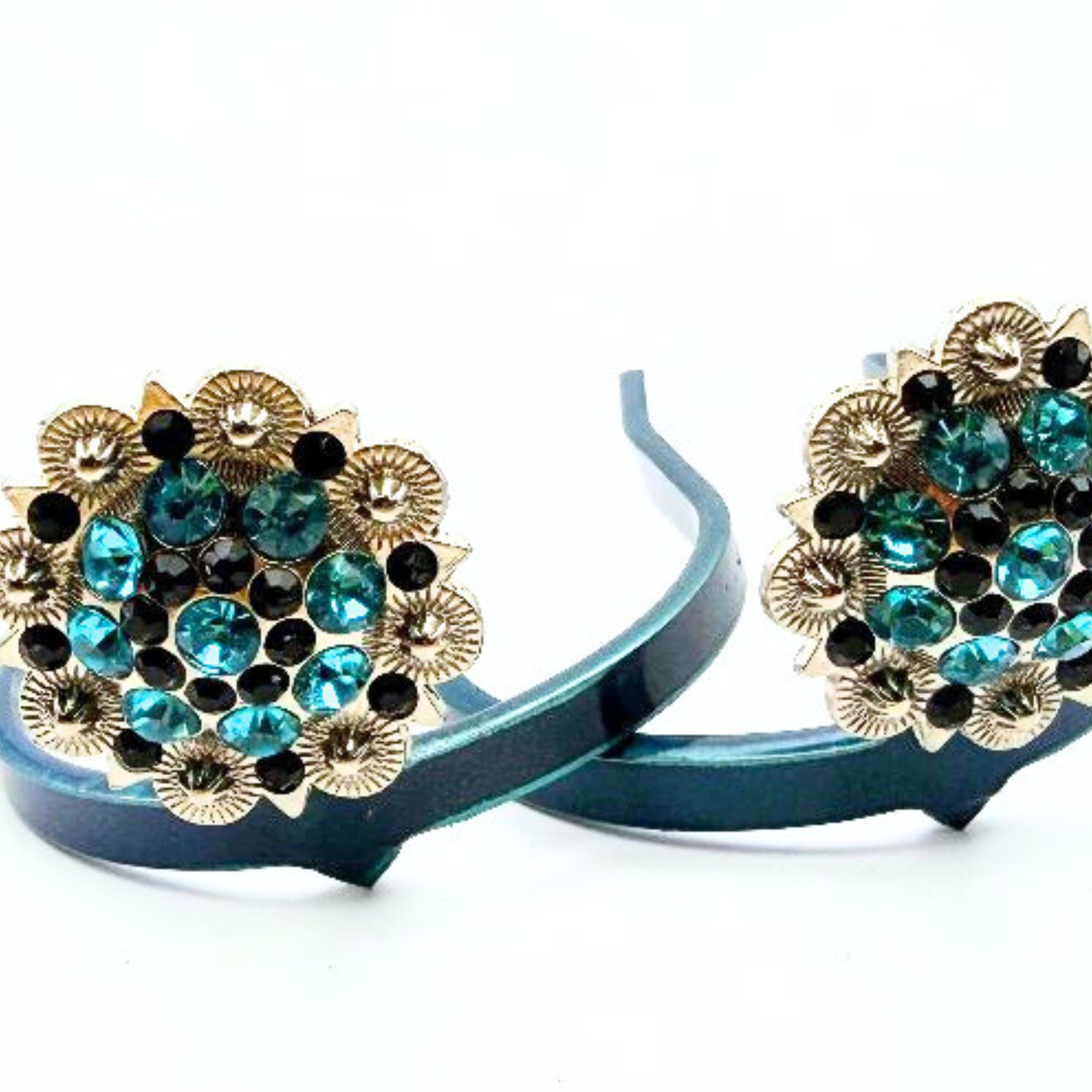 Handcrafted Blue Rhinestone Cowgirl Cuff featuring brilliant blue crystals, black rhinestone accents, silver western detailing, and boutique western styling for cowboy boots.