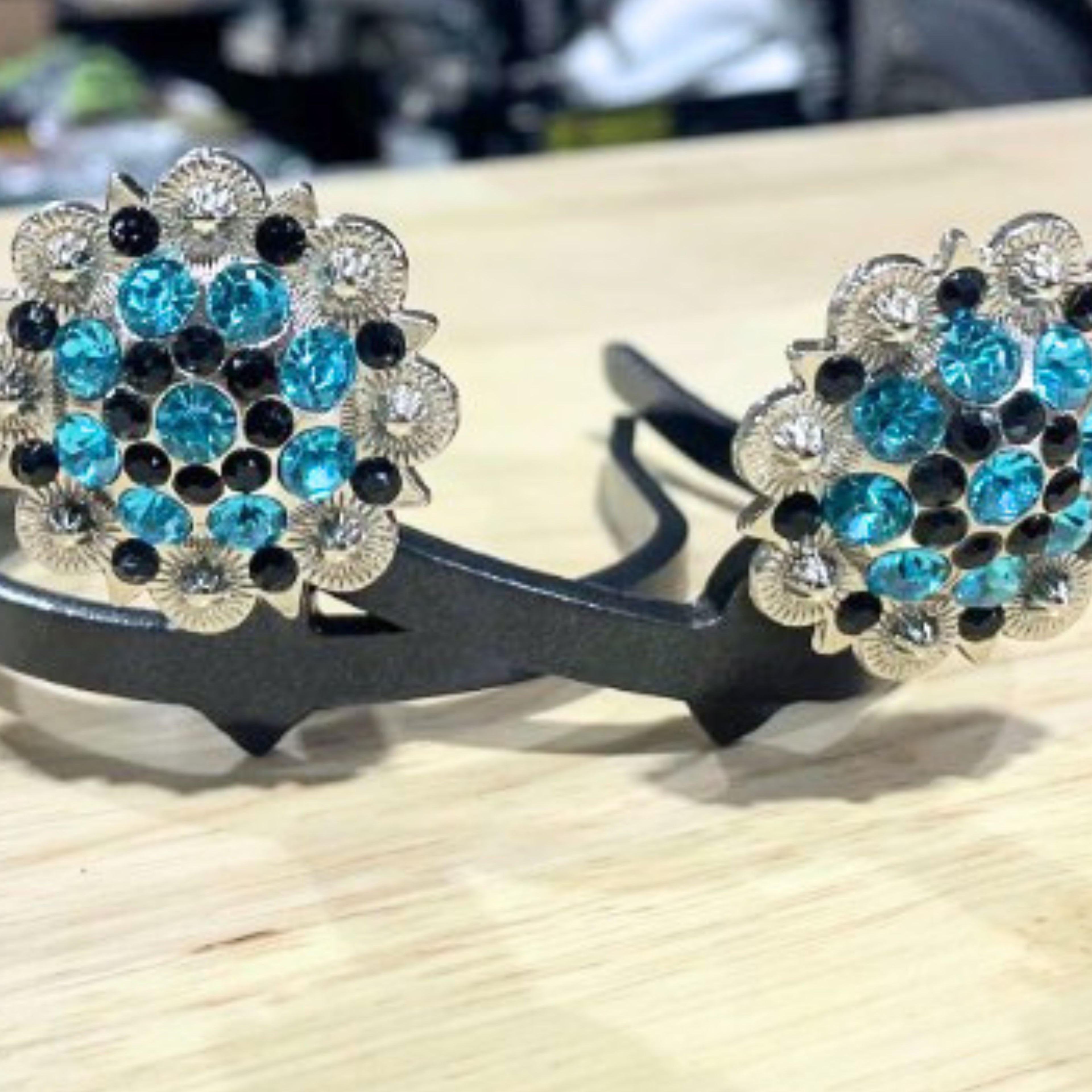 Blue Rhinestone Cowgirl Cuff with sparkling blue crystal clusters, silver concho-inspired details, and handcrafted western styling designed for cowboy boots.