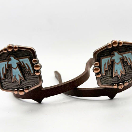 Blue thunderbird Cowgirl Cuff with copper-tone beaded border and Southwestern detailing. Handcrafted western boot accessory designed to keep jean hems off the ground while adding western style.