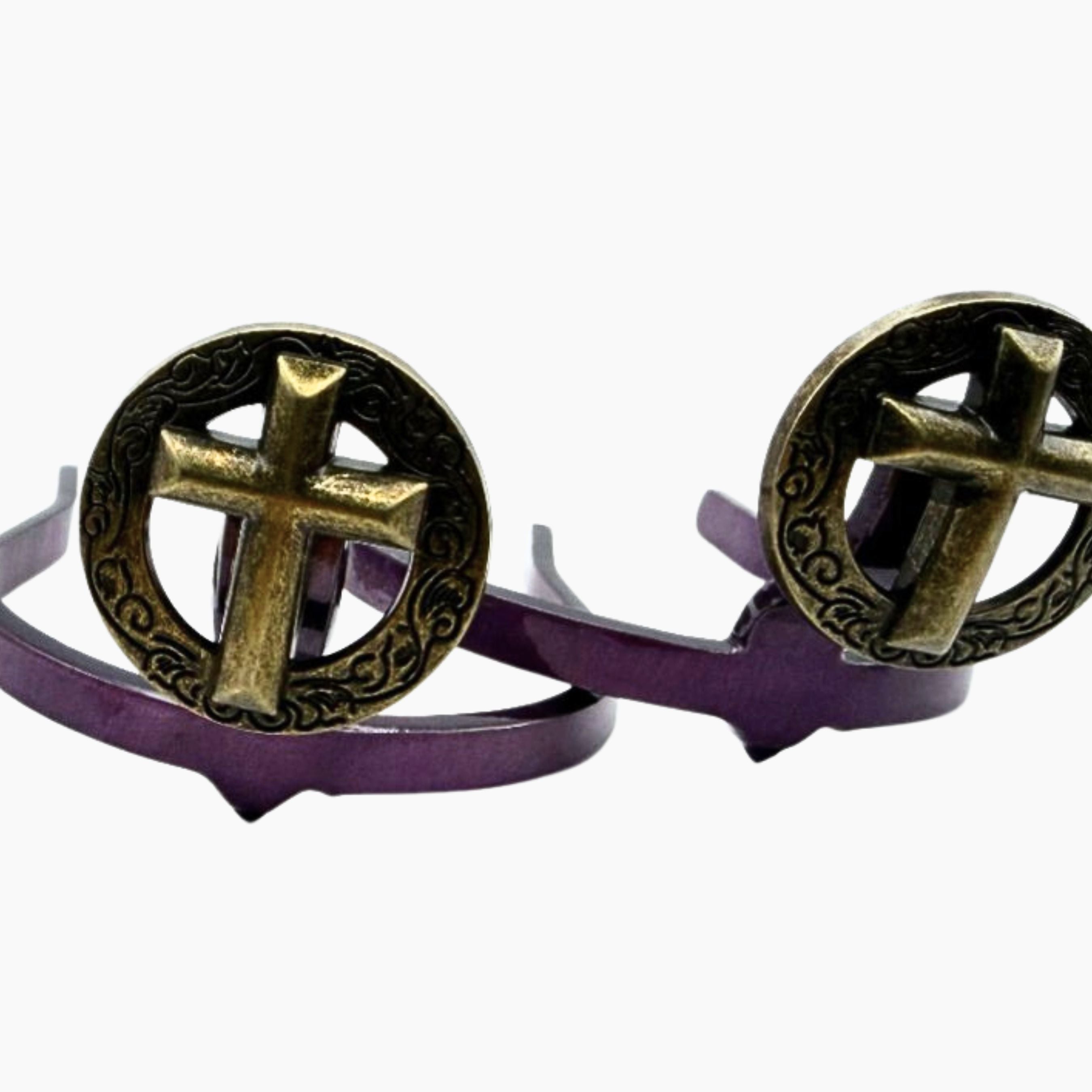 Bronze Cross Cowgirl Cuff on a purple boot accessory base featuring a raised bronze cross and engraved western details, designed for cowboy boots and western fashion.