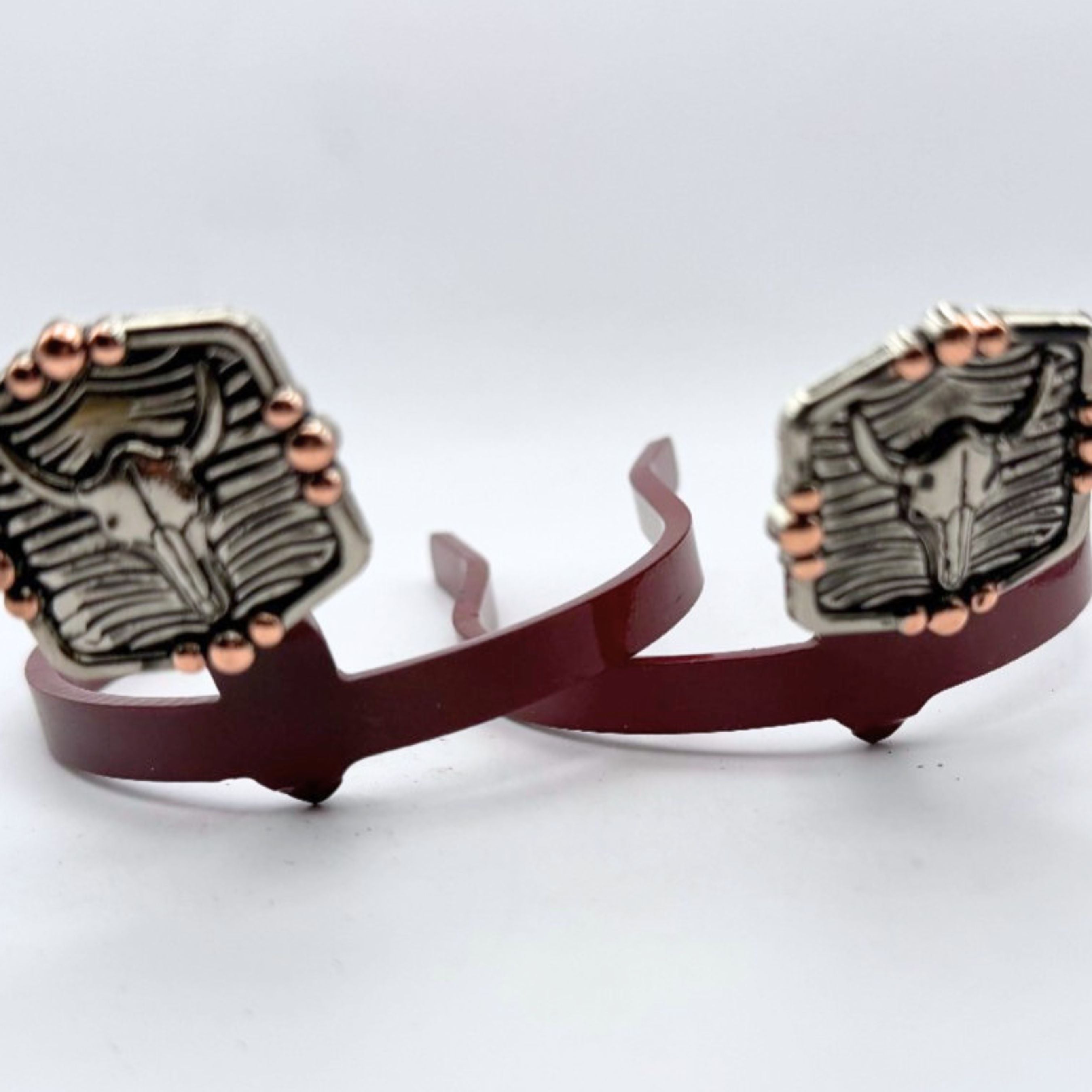 Buffalo Skull Cowgirl Cuff featuring an antique silver-tone western skull design with copper bead accents, handcrafted boot accessory that helps keep jean hems off the ground while adding western style.