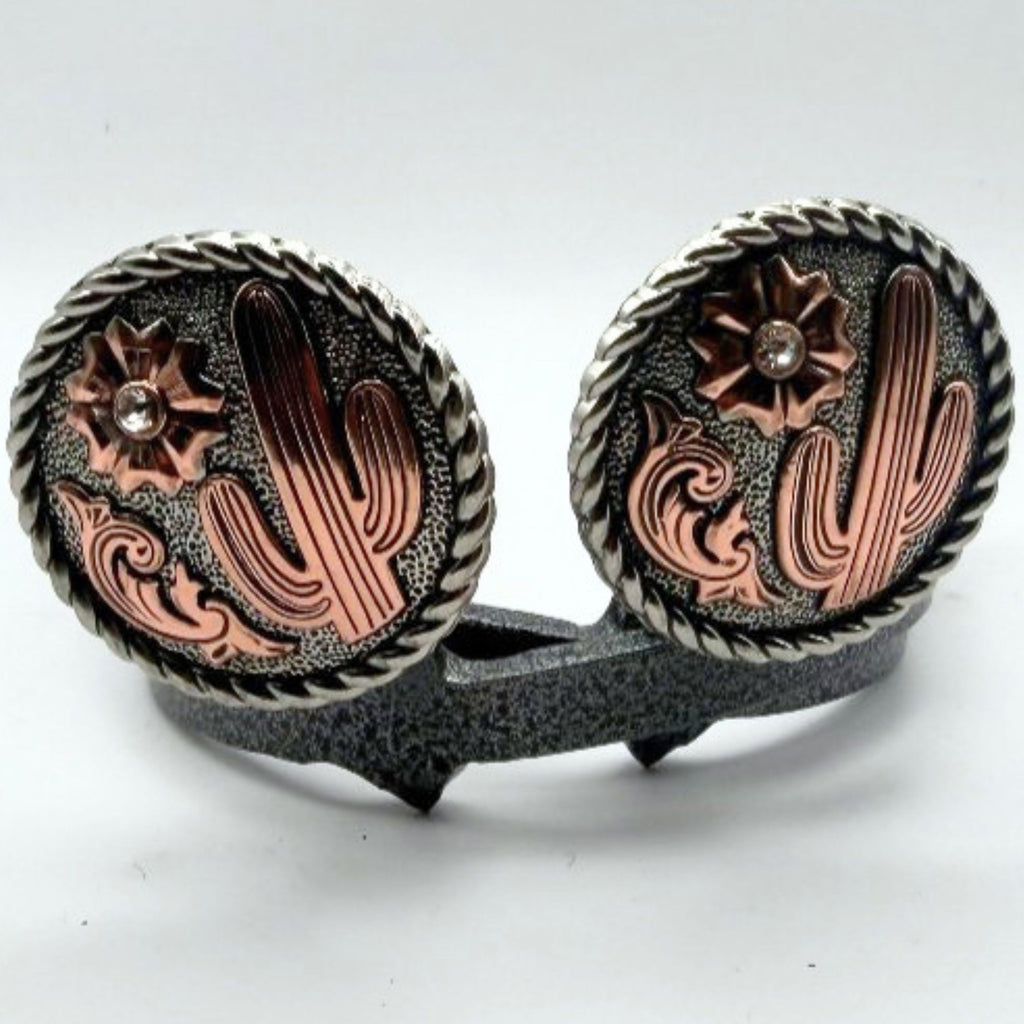 Handcrafted Cactus Flower Clear Stone Cowgirl Cuff featuring an antique copper cactus design, clear stone flower accent, silver rope border, and western boot accessory styling.