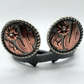 Handcrafted Cactus Flower Clear Stone Cowgirl Cuff featuring an antique copper cactus design, clear stone flower accent, silver rope border, and western boot accessory styling.