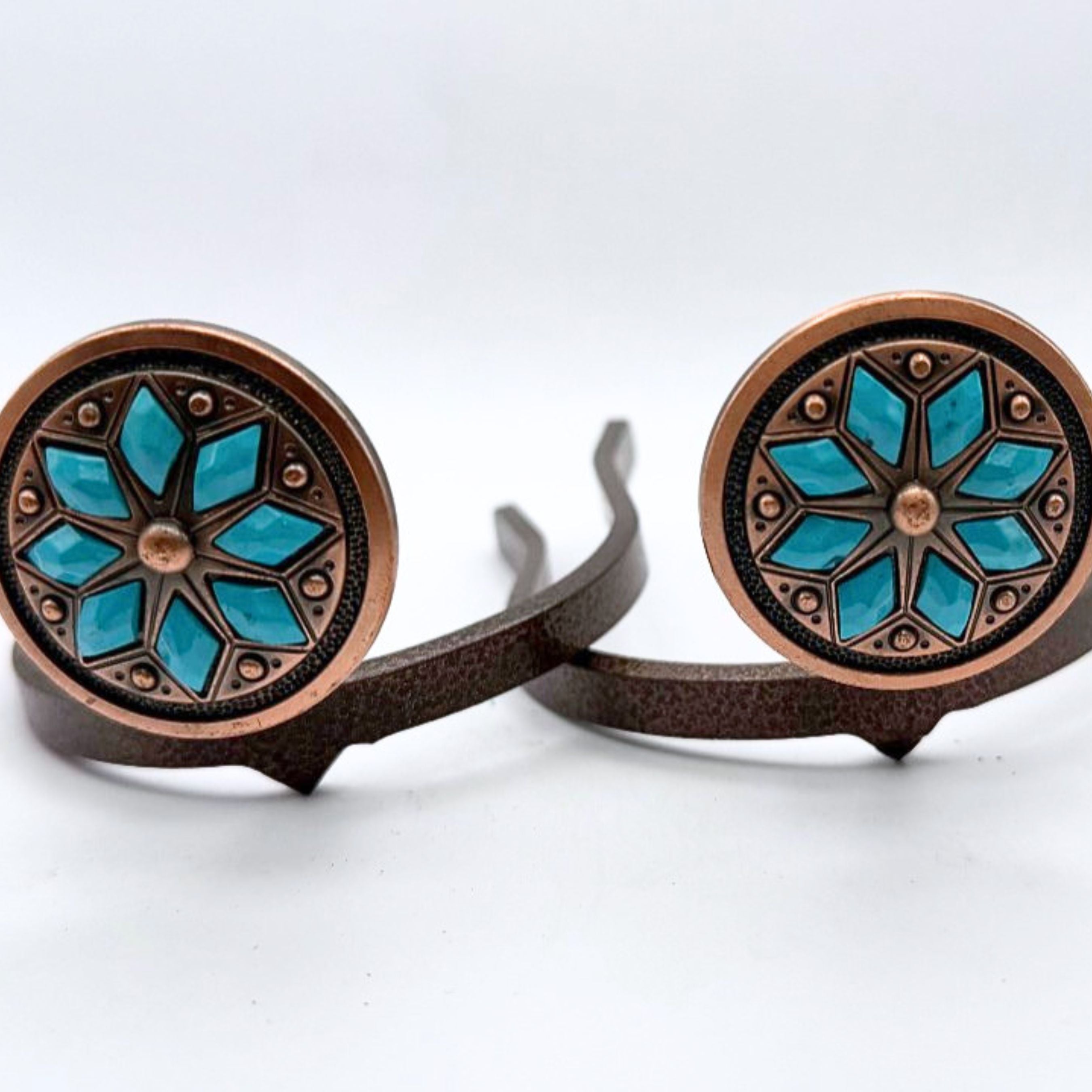Copper Cactus Flower Cowgirl Cuff featuring turquoise geometric floral accents and antique copper detailing on a handcrafted western boot accessory designed to keep jean hems off the ground.