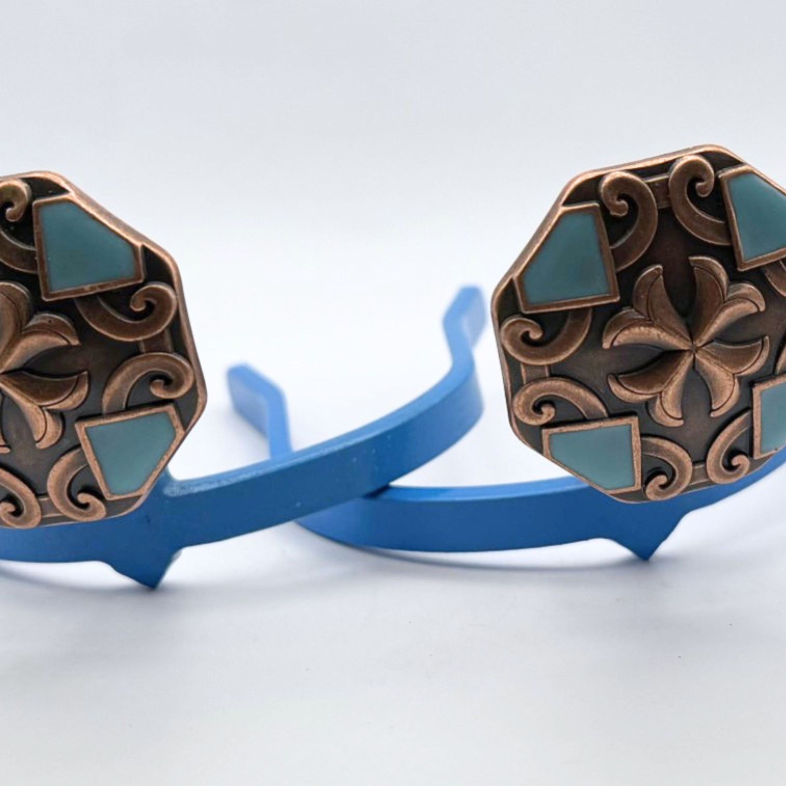 Copper Concho with Turquoise Enamel Cowgirl Cuff featuring antique copper scrollwork, turquoise enamel accents, and handcrafted western boot accessory styling for jean hem protection.