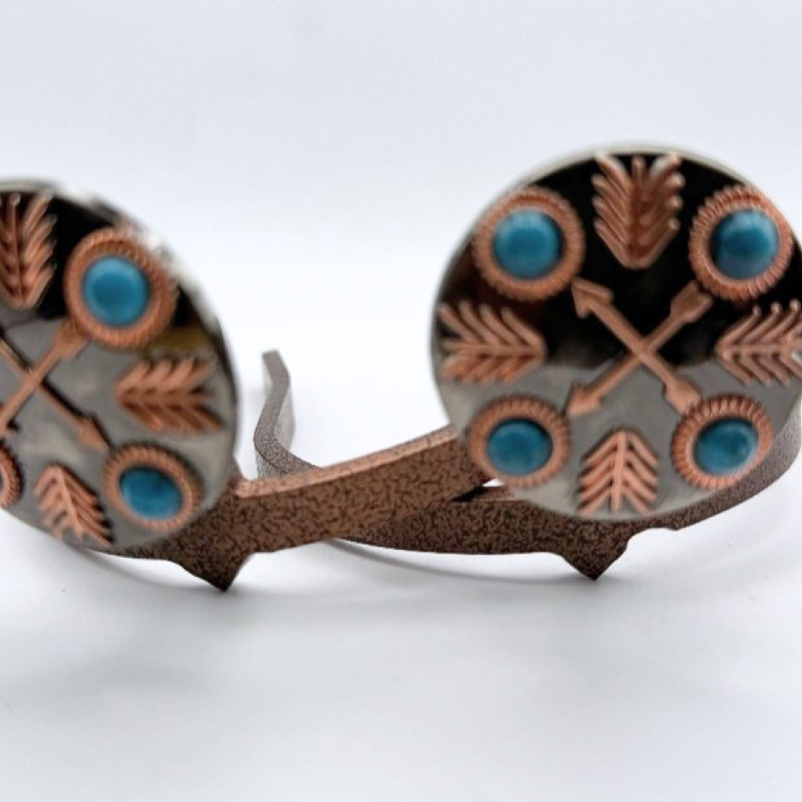 Copper Cross Arrow with Turquoise Cowgirl Cuff featuring crossed western arrows, turquoise accents, and handcrafted Southwestern styling for cowboy boots and jean hem protection.