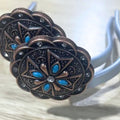 Copper Cross with Turquoise Cowgirl Cuff featuring turquoise enamel accents, crystal details, western scrollwork, and handcrafted boot accessory styling for cowboy boots.
