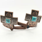 Front view of Copper Cross with Turquoise Stone Cowgirl Cuff featuring a geometric Southwestern cross design, turquoise center stone, copper finish, and handcrafted western boot accessory styling.