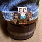 Copper Cross with Turquoise Stone Cowgirl Cuff attached to the back of a cowboy boot, demonstrating how the handcrafted western boot accessory helps keep jean hems off the ground while adding Southwestern style.