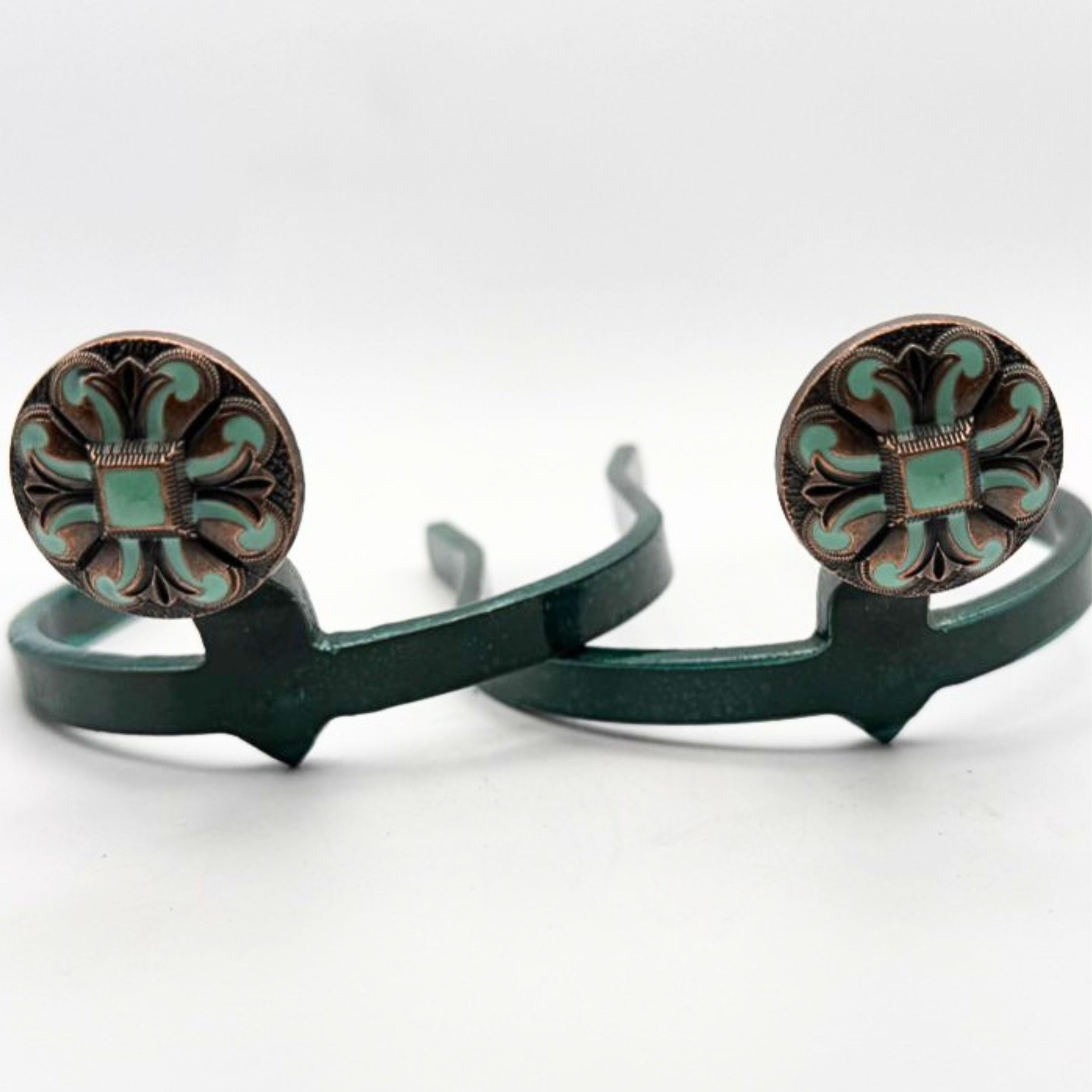 Copper engraved turquoise Cowgirl Cuff featuring western concho styling, turquoise enamel scrollwork, center turquoise accent, and handcrafted boot accessory design for cowboy boots.
