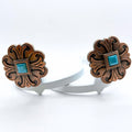 Copper flower Cowgirl Cuff featuring engraved western floral detailing and a turquoise center stone, handcrafted boot accessory designed for cowboy boots and jean hem protection.