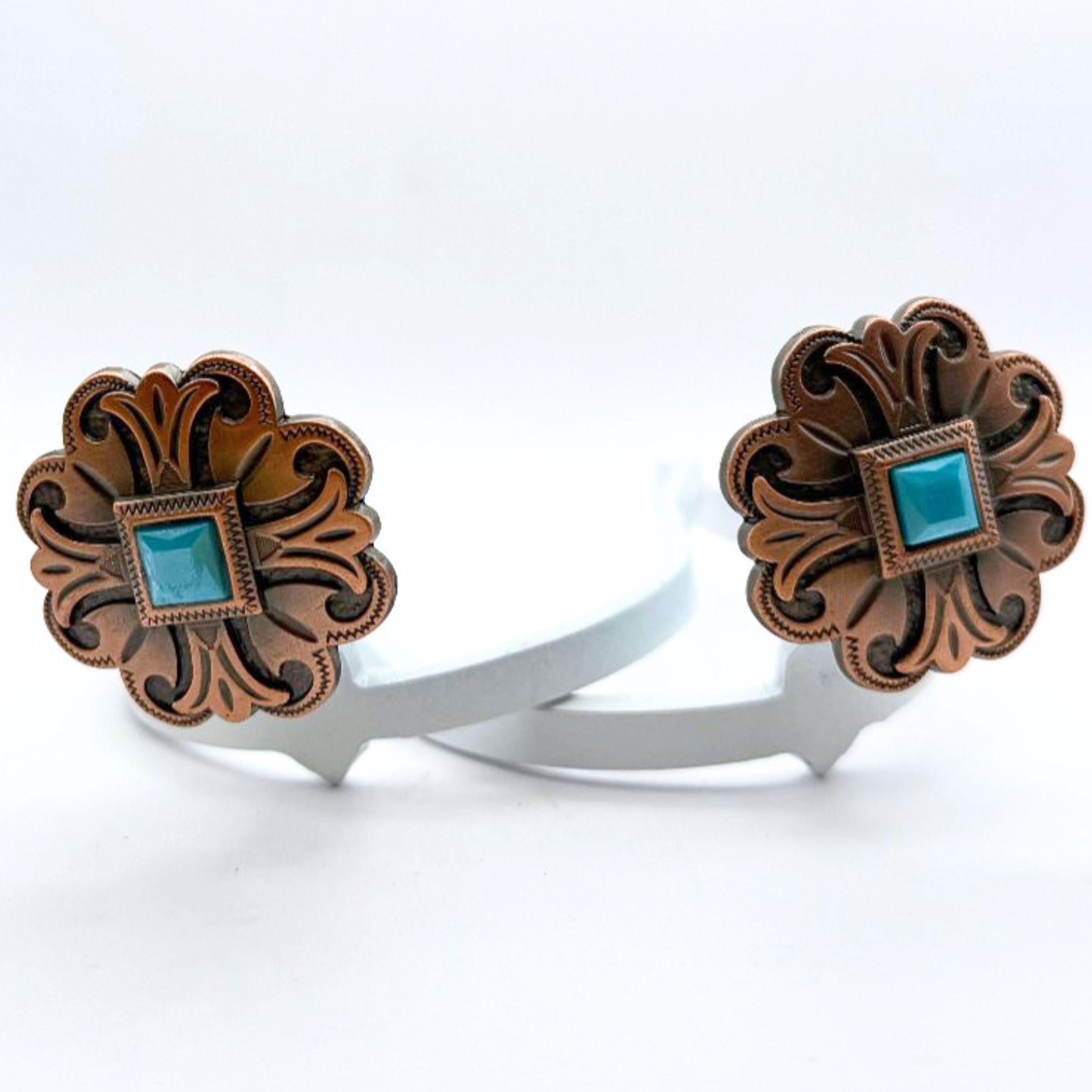 Copper flower Cowgirl Cuff featuring engraved western floral detailing and a turquoise center stone, handcrafted boot accessory designed for cowboy boots and jean hem protection.
