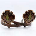 Copper Cross Green Arrowhead Cowgirl Cuff featuring an antique copper scalloped concho design, green arrowhead centerpiece, crossed arrows, and handcrafted Southwestern western boot accessory styling.