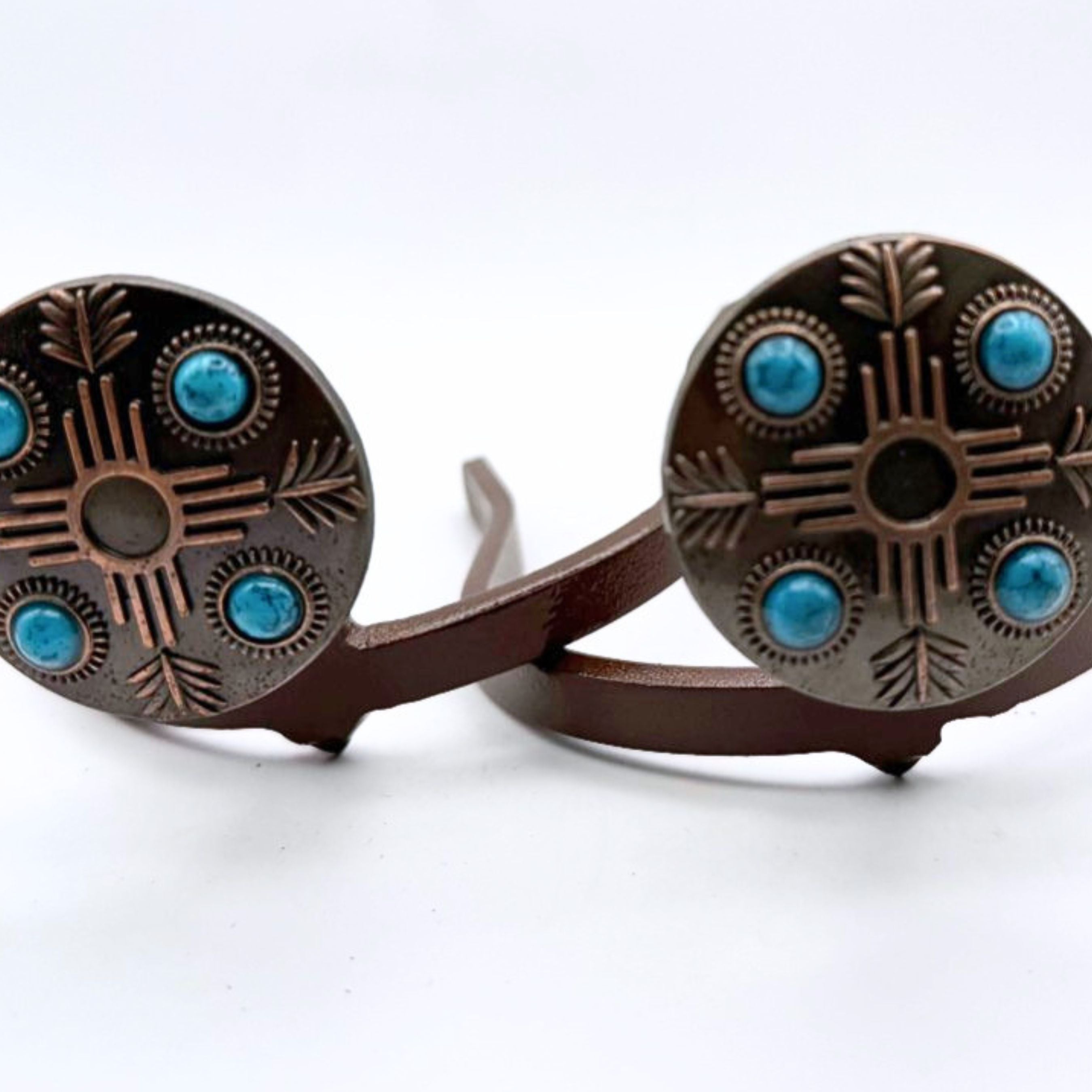 Handcrafted Copper Zia Turquoise Cowgirl Cuff featuring a Southwestern sun symbol and turquoise accents, western boot accessory designed to keep jean hems off the ground while adding cowgirl style.