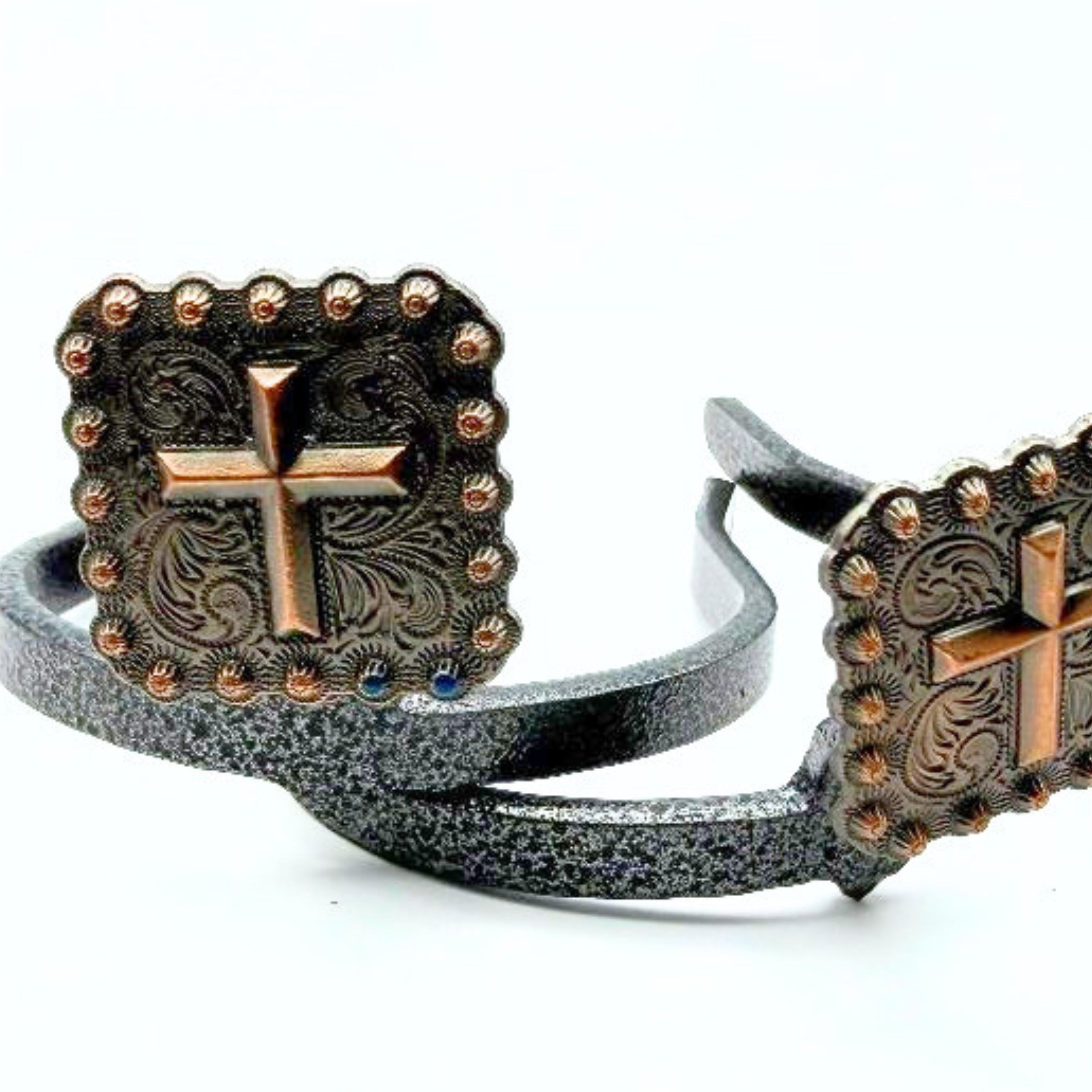 Western faith-inspired boot accessory featuring a raised copper cross, engraved square conchos, and handcrafted Cowgirl Cuff construction.