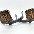 Handcrafted Cross Berry Square Cowgirl Cuff with copper cross accents, western floral engraving, and traditional berry-edge detailing.