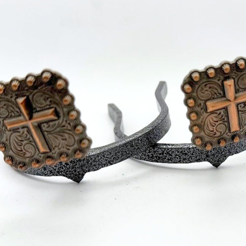 Handcrafted Cross Berry Square Cowgirl Cuff with copper cross accents, western floral engraving, and traditional berry-edge detailing.