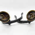 Don't Tread on Me Cowgirl Cuff featuring a gold-tone rattlesnake emblem and rope-edge border. Handcrafted western boot accessory designed to keep jean hems off the ground.
