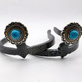 Faux Turquoise Carved Lace Berry Cowgirl Cuff featuring an antique silver-tone western concho with scalloped lace detailing and turquoise center stone. Handcrafted boot accessory designed to help keep jean hems off the ground.