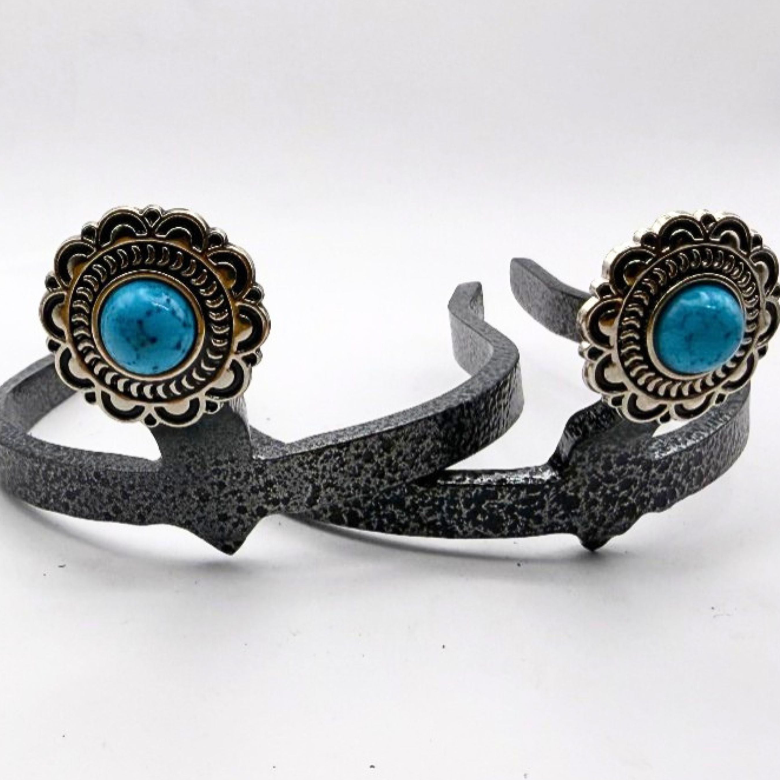 Faux Turquoise Carved Lace Berry Cowgirl Cuff featuring an antique silver-tone western concho with scalloped lace detailing and turquoise center stone. Handcrafted boot accessory designed to help keep jean hems off the ground.