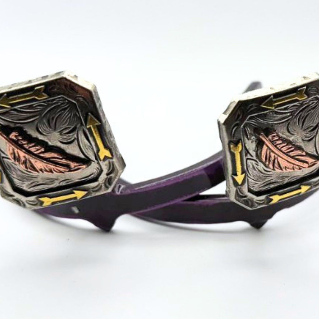 Western Feather with Arrows Cowgirl Cuff showcasing copper feather details, arrow-inspired accents, and handcrafted mixed-metal styling for cowboy boots.