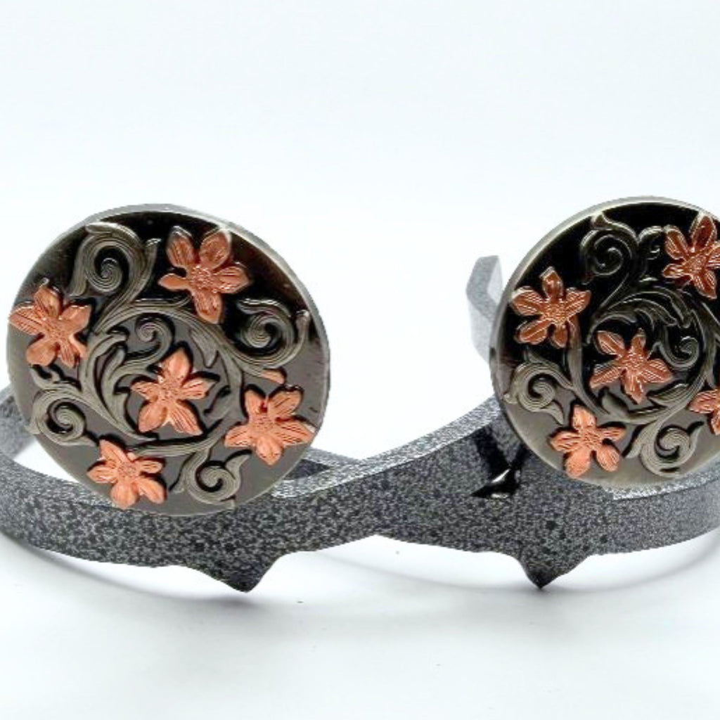 Handcrafted Floral Cowgirl Cuff featuring copper flowers, western scroll details, and feminine western styling designed for cowboy boots.