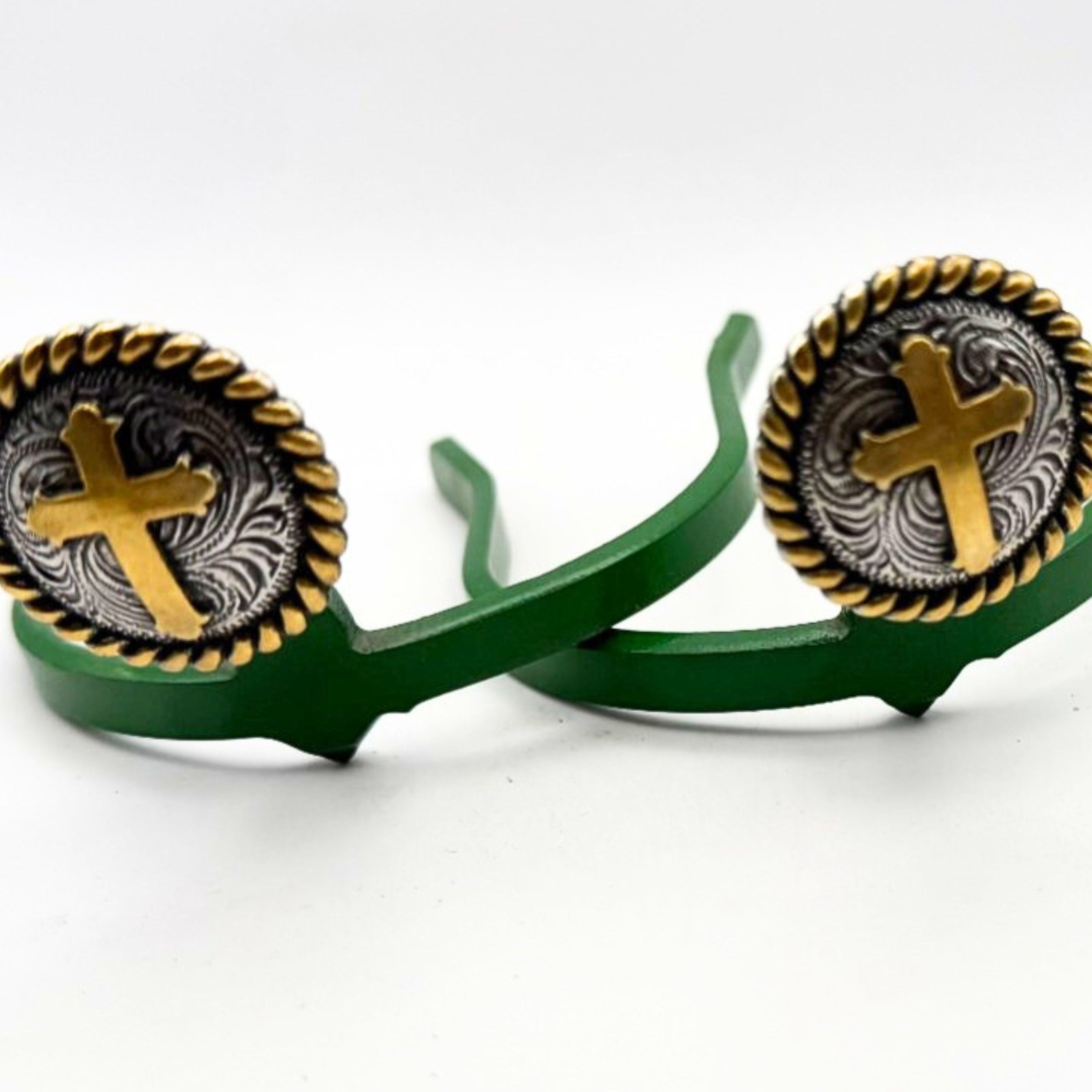 Floral Rope Edge Cross Cowgirl Cuff featuring a gold-tone cross, engraved western scrollwork, and rope-edge concho design. Handcrafted boot accessory that helps keep jean hems off the ground.