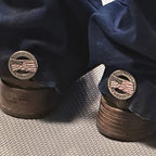 Handcrafted God Bless America Cowgirl Cuff featuring a waving American flag design and patriotic western styling attached to cowboy boots to protect jean hems.