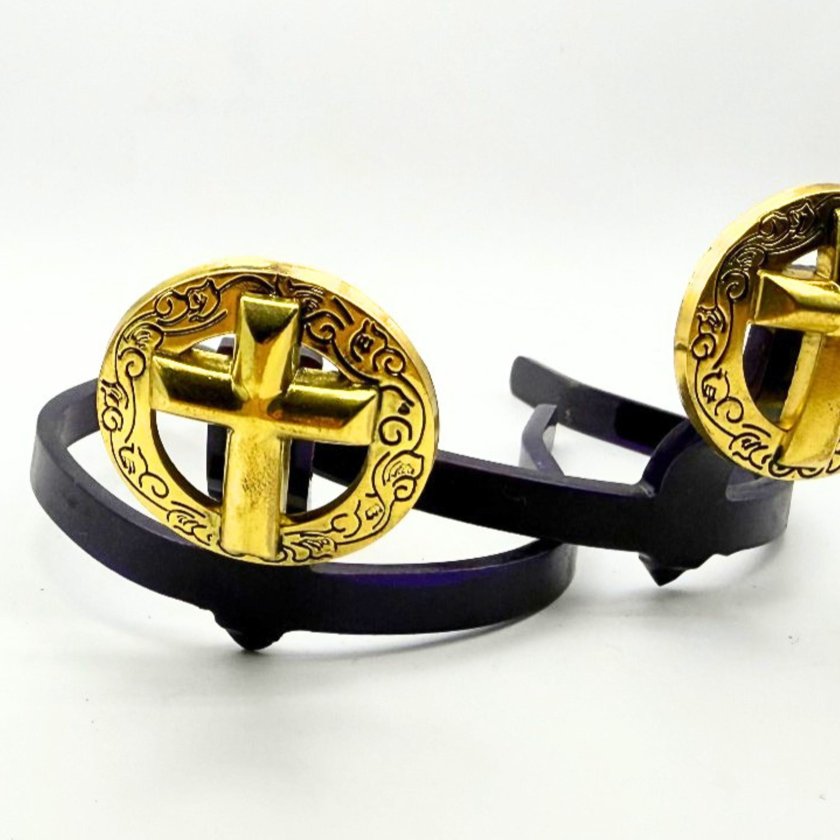 Gold Cross Cowgirl Cuff with dark base featuring raised gold-tone crosses, western scrollwork conchos, and a handcrafted boot accessory design for cowboy boots and denim.