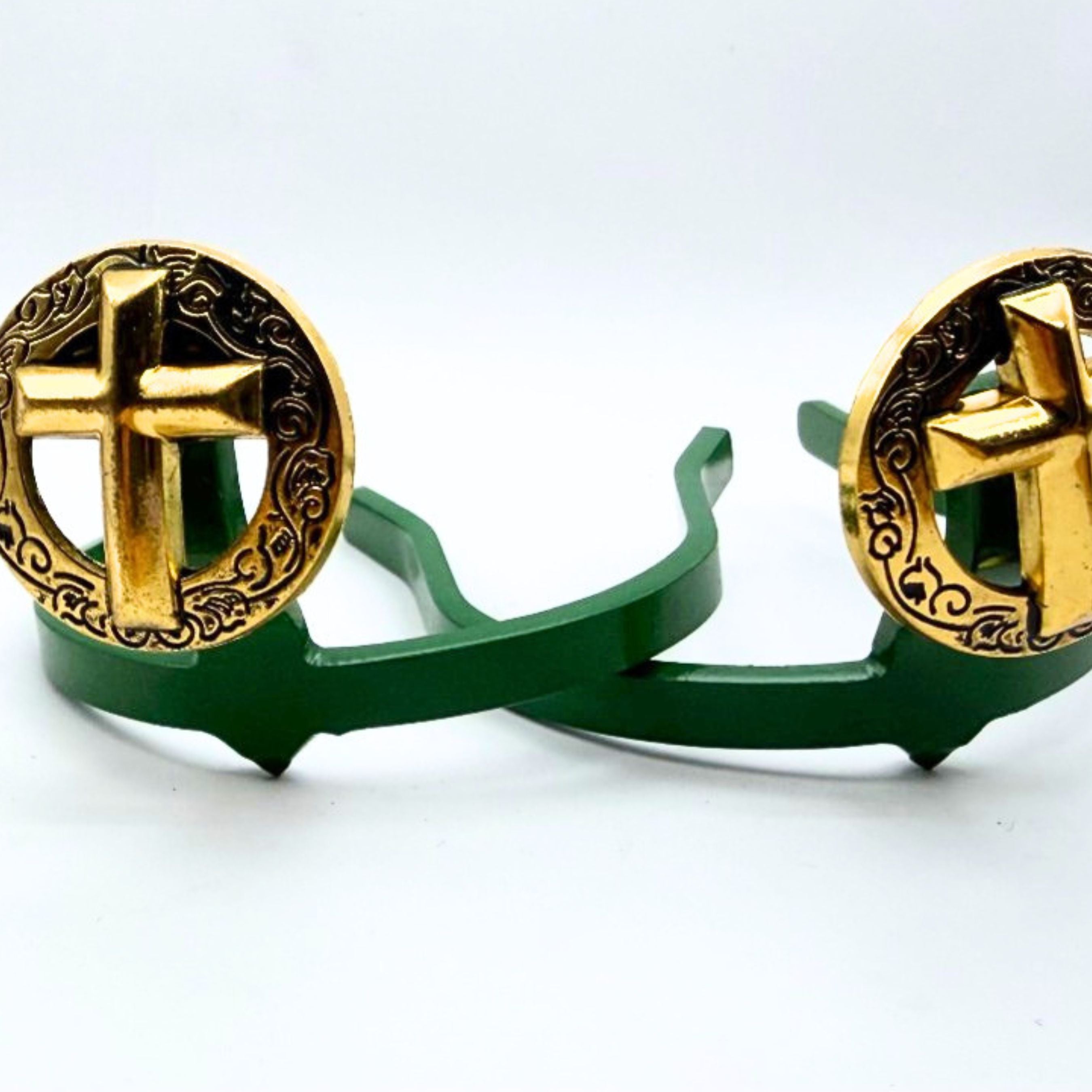 Gold Cross Cowgirl Cuff with green base featuring raised gold-tone crosses, engraved western concho borders, and handcrafted jean hem protection for cowboy boots.