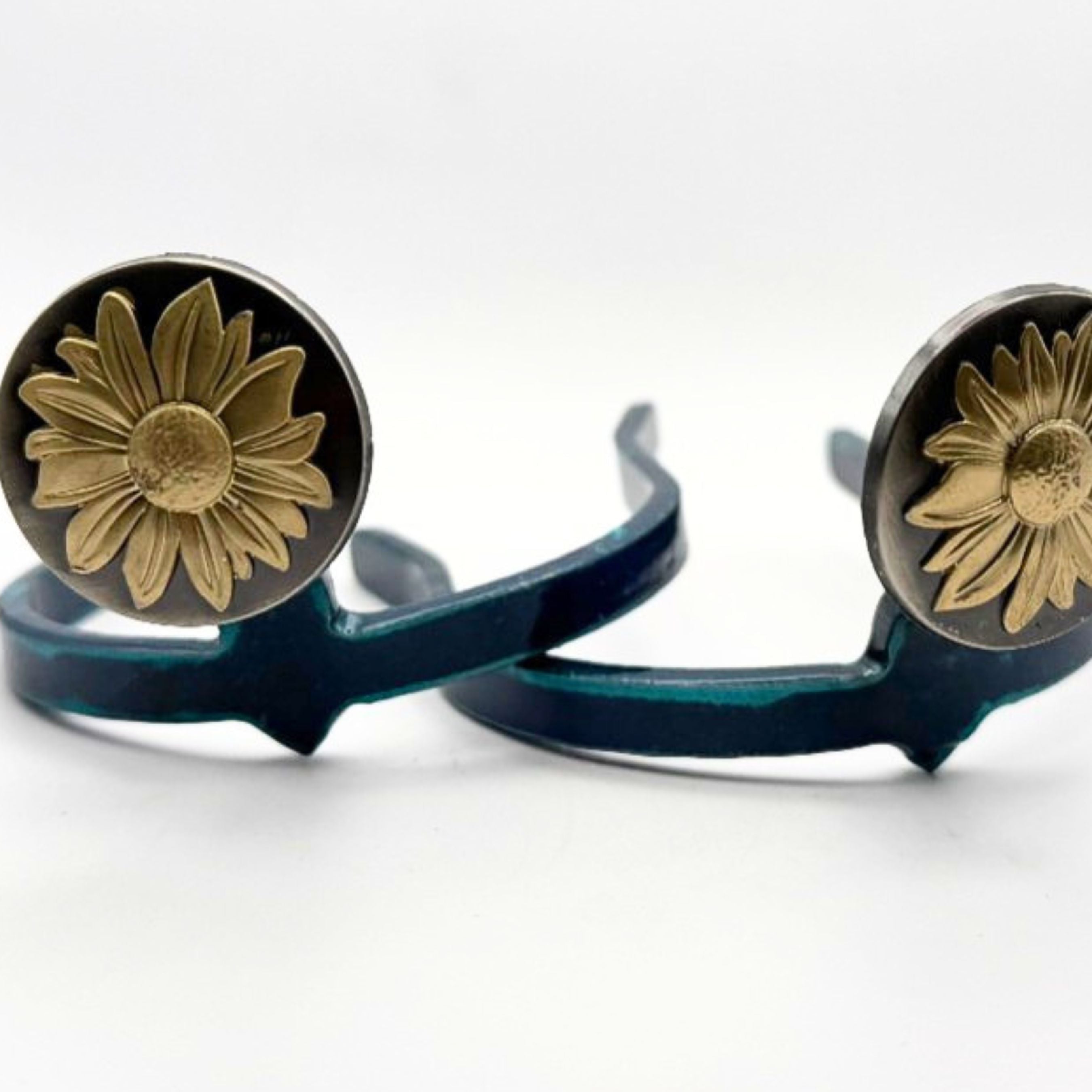 Golden Flower Cowgirl Cuff featuring raised gold floral conchos on a handcrafted western boot accessory designed to keep jean hems off the ground while adding feminine western style.