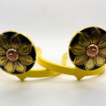Golden Sunflower Cowgirl Cuff featuring layered gold sunflower petals and a copper center on a handcrafted western boot accessory designed to keep jean hems off the ground while adding feminine western style.