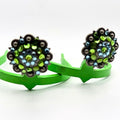 Green Rhinestone Cowgirl Cuff featuring green and blue rhinestone berry clusters on a handcrafted western boot accessory designed to keep jean hems off the ground with sparkle cowgirl style.