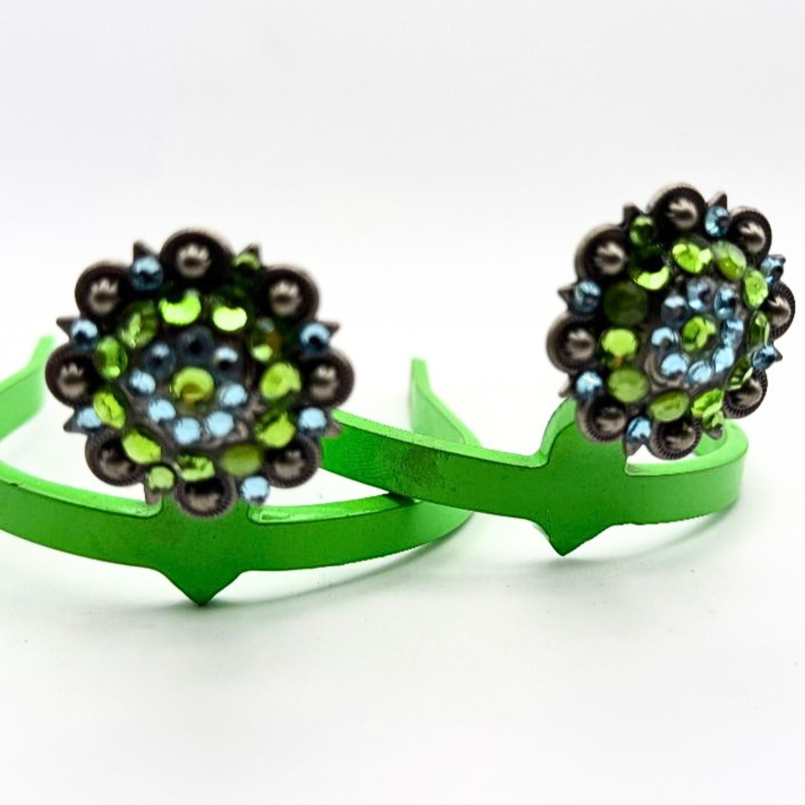 Green Rhinestone Cowgirl Cuff featuring green and blue rhinestone berry clusters on a handcrafted western boot accessory designed to keep jean hems off the ground with sparkle cowgirl style.