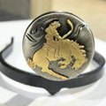 Handcrafted Horse Rider Cowgirl Cuff featuring a rodeo rider on a bucking horse with western styling and jean hem protection for cowboy boots.