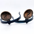 Kokopelli Cowgirl Cuff featuring an engraved Kokopelli design on antique copper conchos with rope-edge detailing, handcrafted as a western boot accessory that helps keep jean hems off the ground.