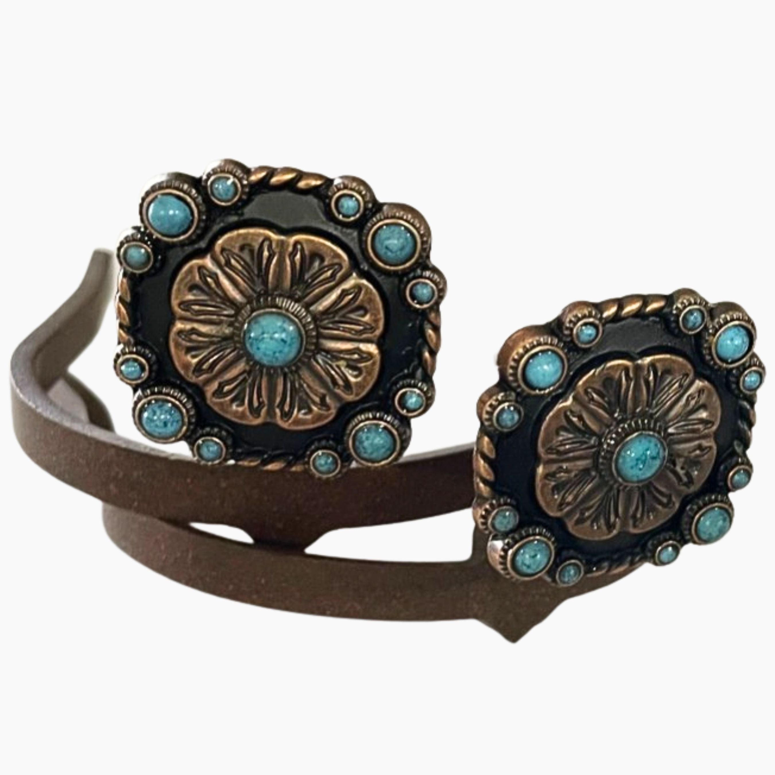 Las Cruces Cowgirl Cuff featuring antique copper floral concho details and turquoise stone accents on a handcrafted western boot accessory designed to keep jean hems off the ground while adding southwestern style.