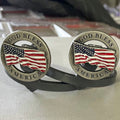 Handcrafted God Bless America Cowgirl Cuff featuring a waving American flag design and patriotic western styling to attach to cowboy boots to protect jean hems.