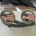 Handcrafted God Bless America Cowgirl Cuff featuring a waving American flag design and patriotic western styling to attach to cowboy boots to protect jean hems.