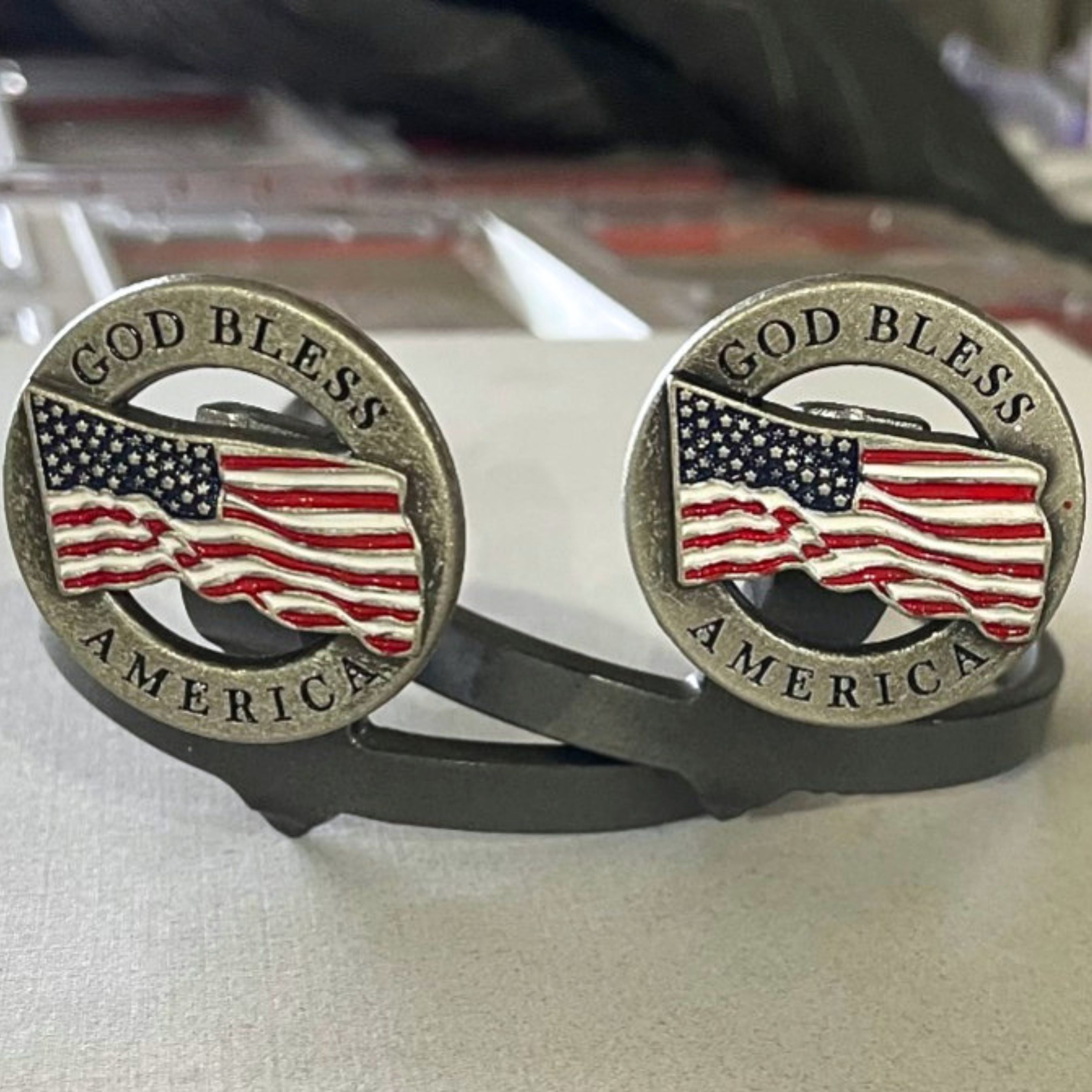 Handcrafted God Bless America Cowgirl Cuff featuring a waving American flag design and patriotic western styling to attach to cowboy boots to protect jean hems.