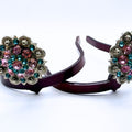 Pink Blue Rhinestone Berry Cowgirl Cuff featuring pink and turquoise blue rhinestones in a western concho design. Handcrafted boot accessory that helps keep jean hems off the ground while adding feminine western style.