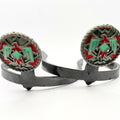 Handcrafted Red & Turquoise Rope Edge Thunderbird Cowgirl Cuff featuring a Southwestern thunderbird design with turquoise and red enamel accents, silver-tone rope border, and western boot accessory styling.