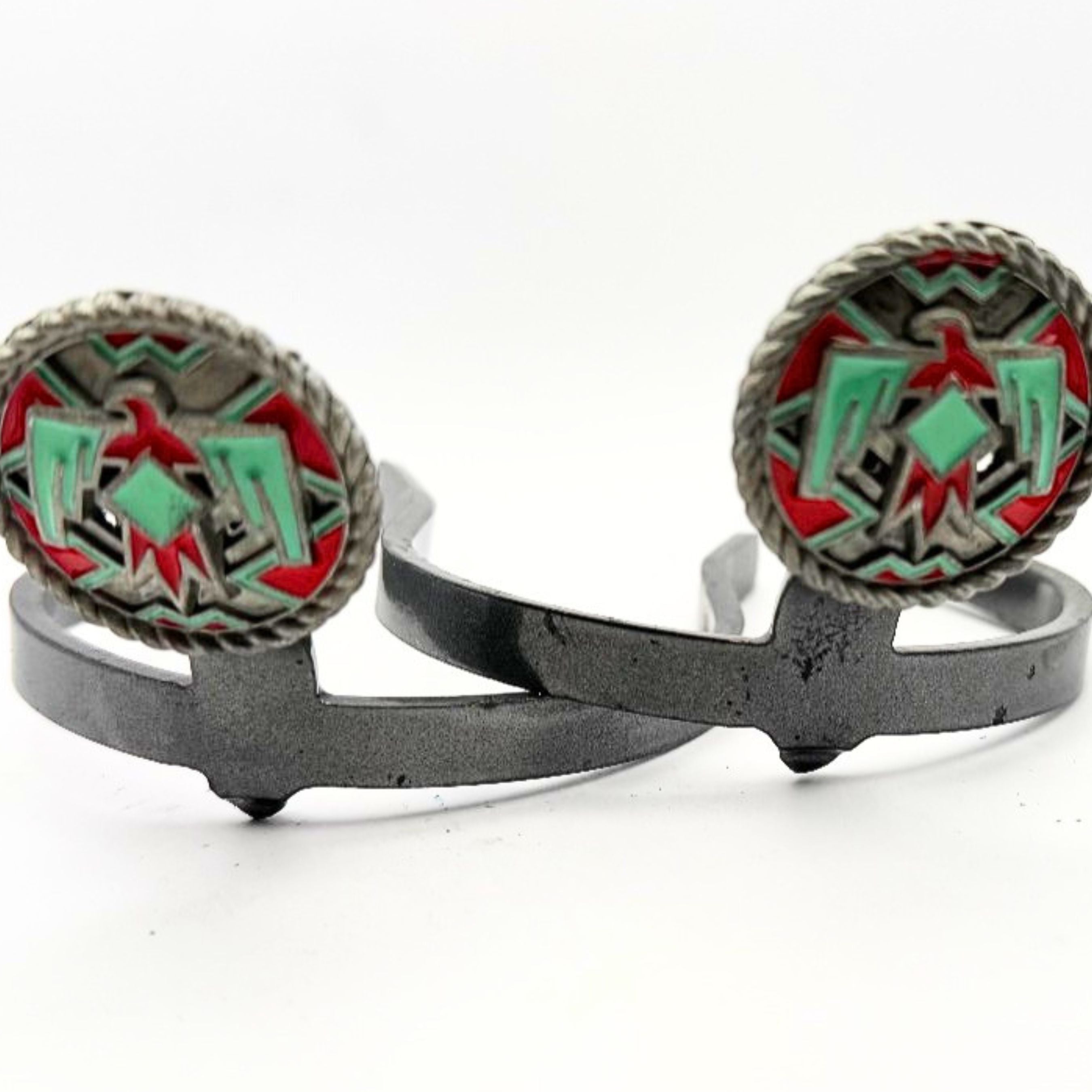 Handcrafted Red & Turquoise Rope Edge Thunderbird Cowgirl Cuff featuring a Southwestern thunderbird design with turquoise and red enamel accents, silver-tone rope border, and western boot accessory styling.