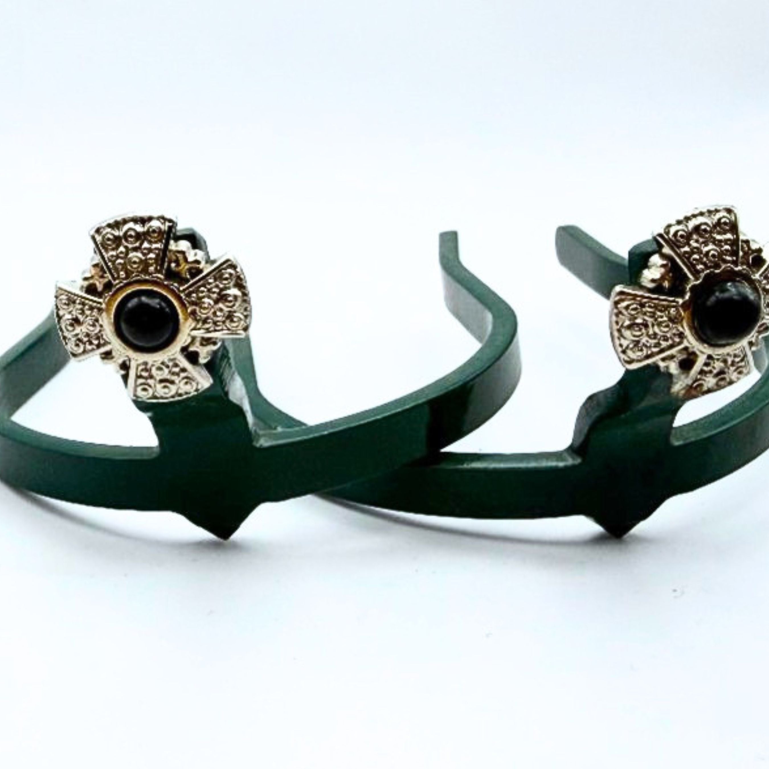 Retro Vintage Cross Cowgirl Cuff featuring silver-tone western cross conchos with black center stones. Handcrafted boot accessory designed to help keep jean hems off the ground.