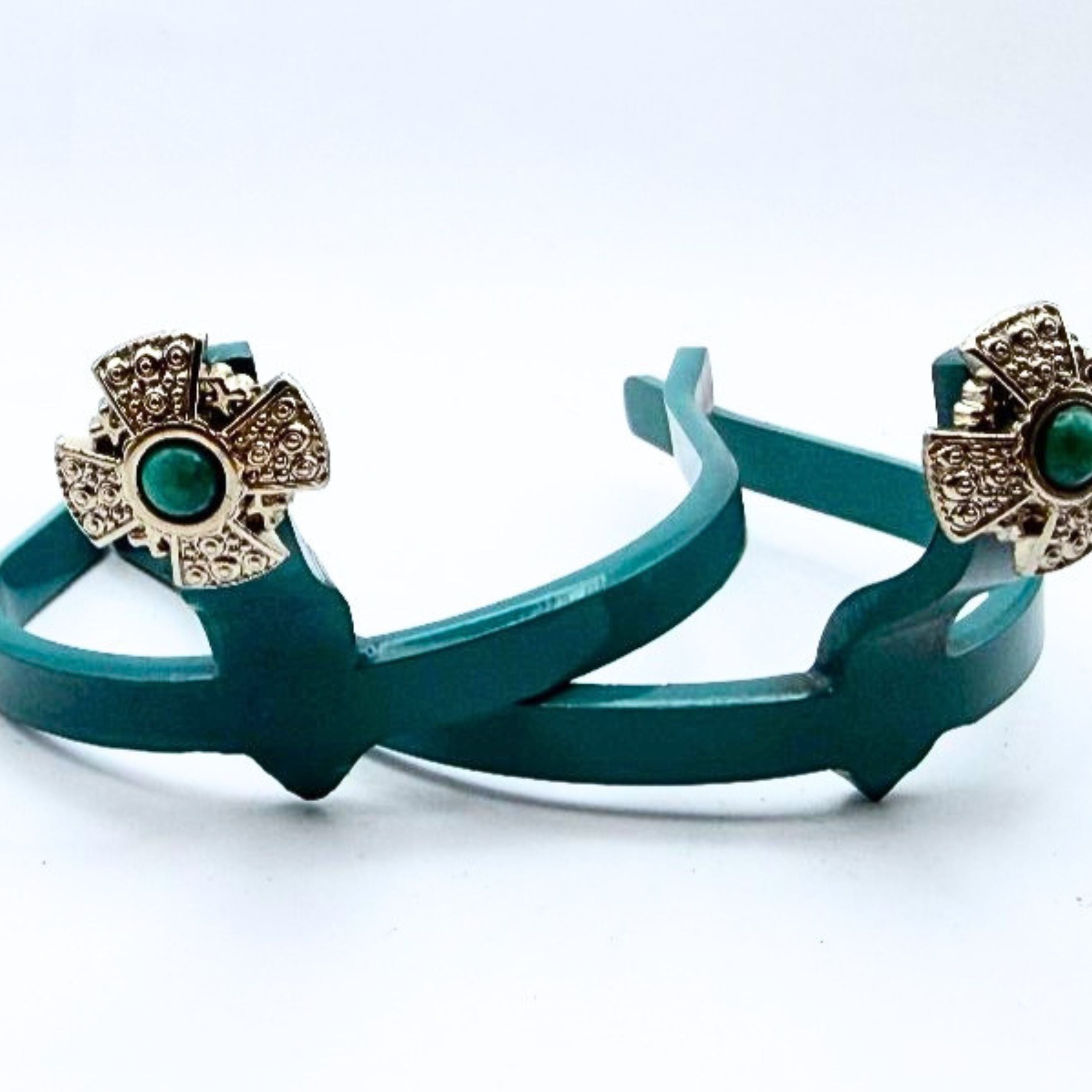 Retro Vintage Cross Cowgirl Cuff featuring silver-tone western cross conchos with turquoise center stones. Handcrafted western boot accessory with faith-inspired style.