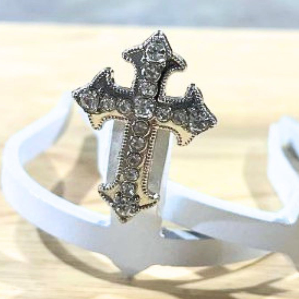 Western Rhinestone Cross Cowgirl Cuff with detailed silver crosses, crystal embellishments, and handcrafted boot accessory styling for cowboy boots.